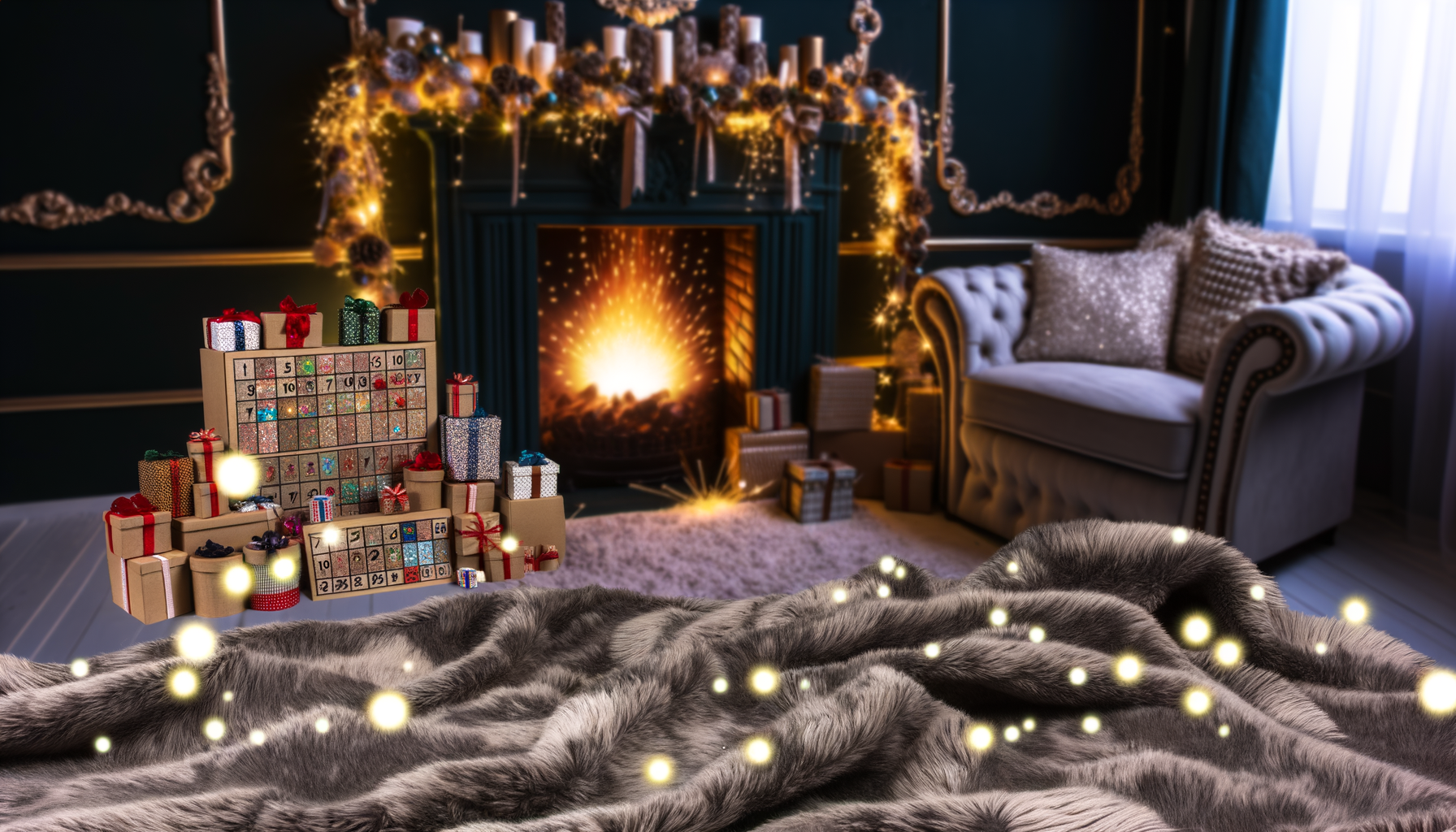 Cozy holiday room with self-care advent calendar, fireplace, and warm fairy lights.