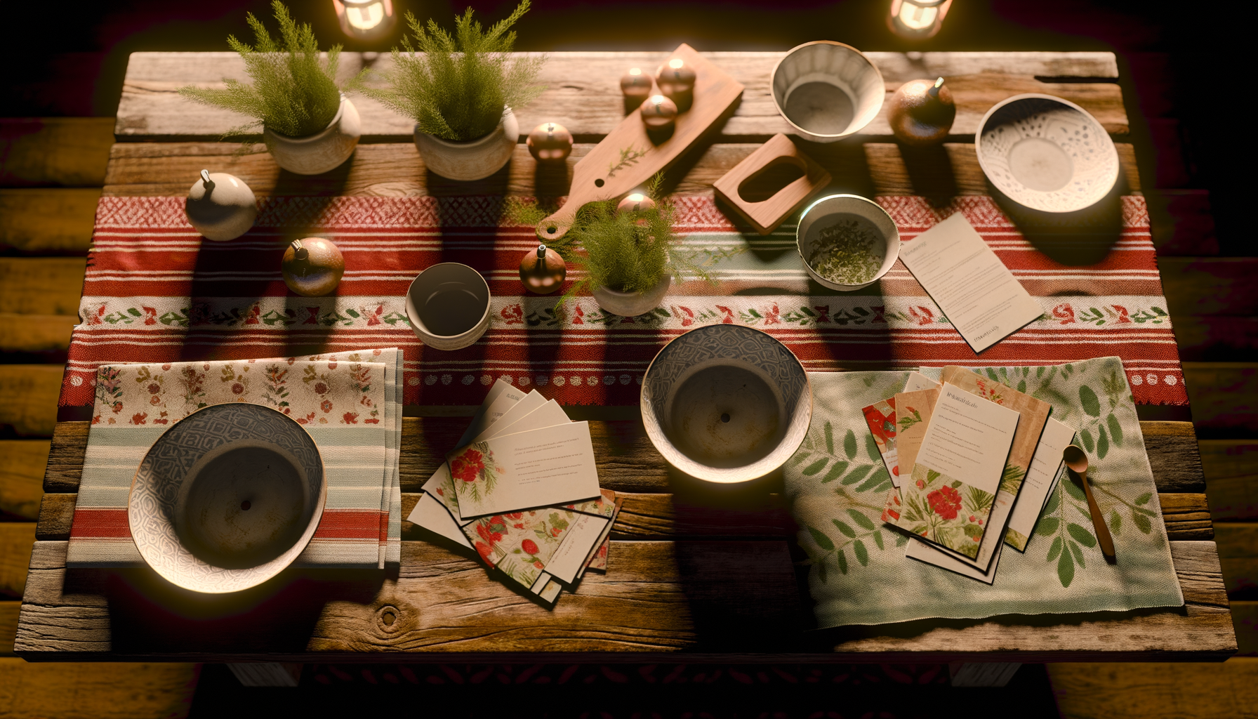 Holiday recipe cards on rustic kitchen table with vintage decor and ornaments.