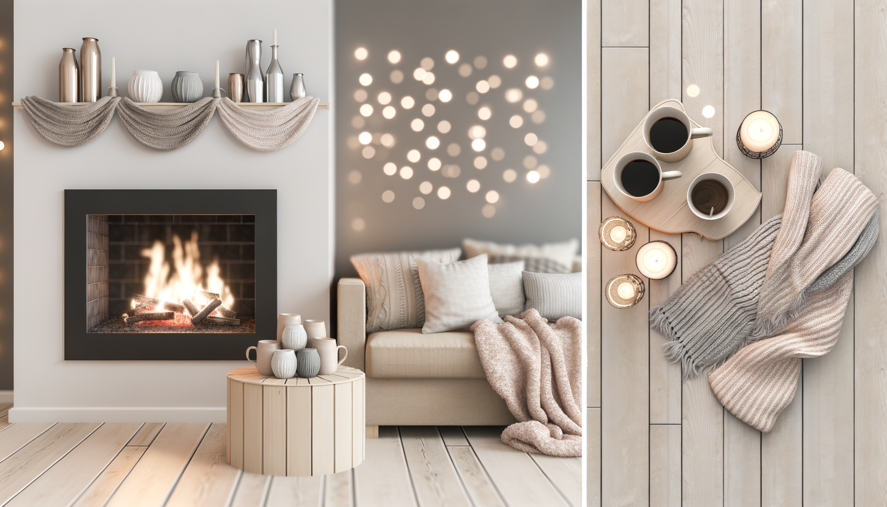 Cozy Scandinavian living room with fireplace, blankets, candles, and hygge winter decor.