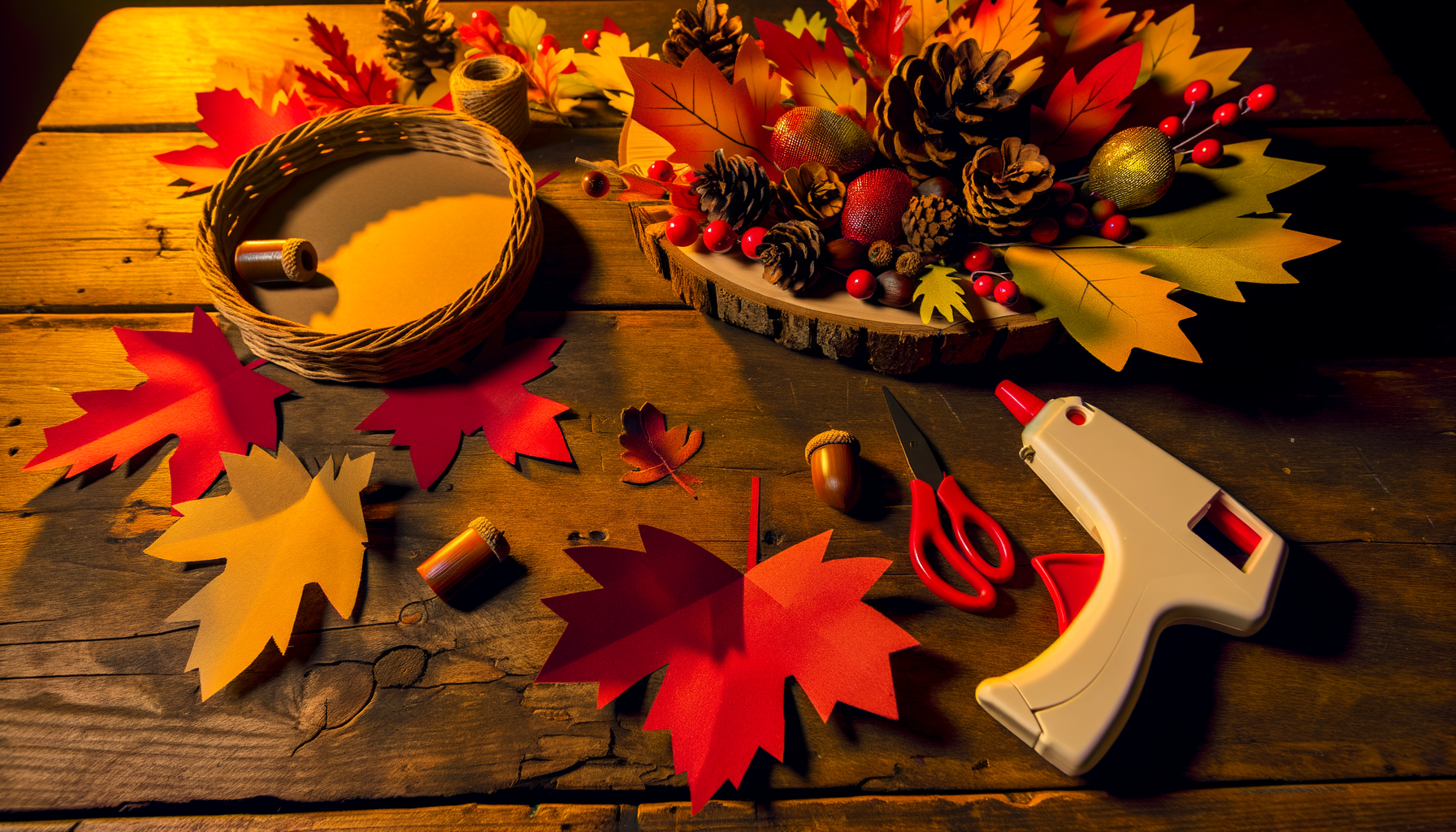DIY fall wreath crafting table with vibrant foliage, pine cones, and tools.