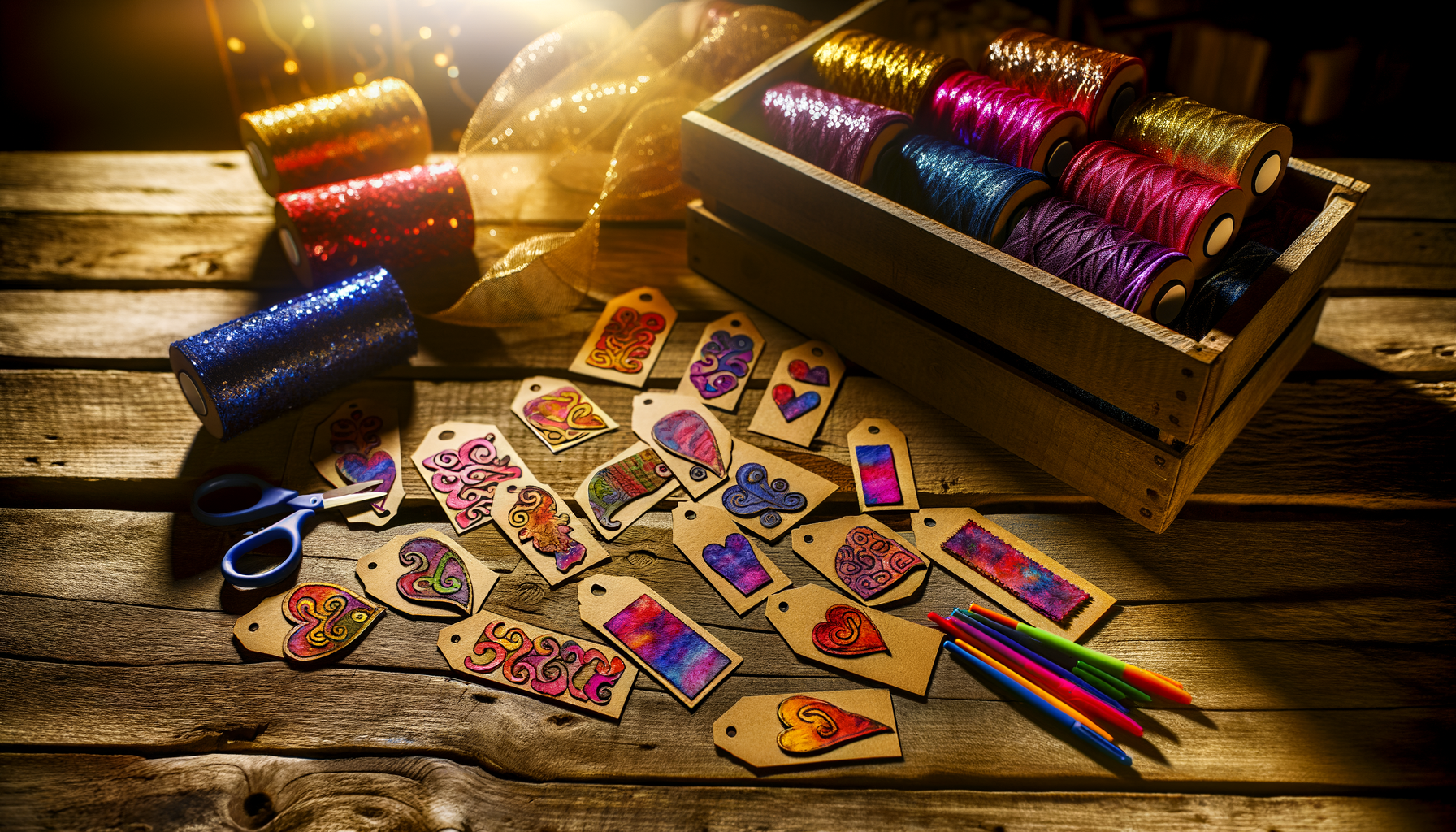 Handcrafted personalized teacher gift tags on rustic table with festive supplies.