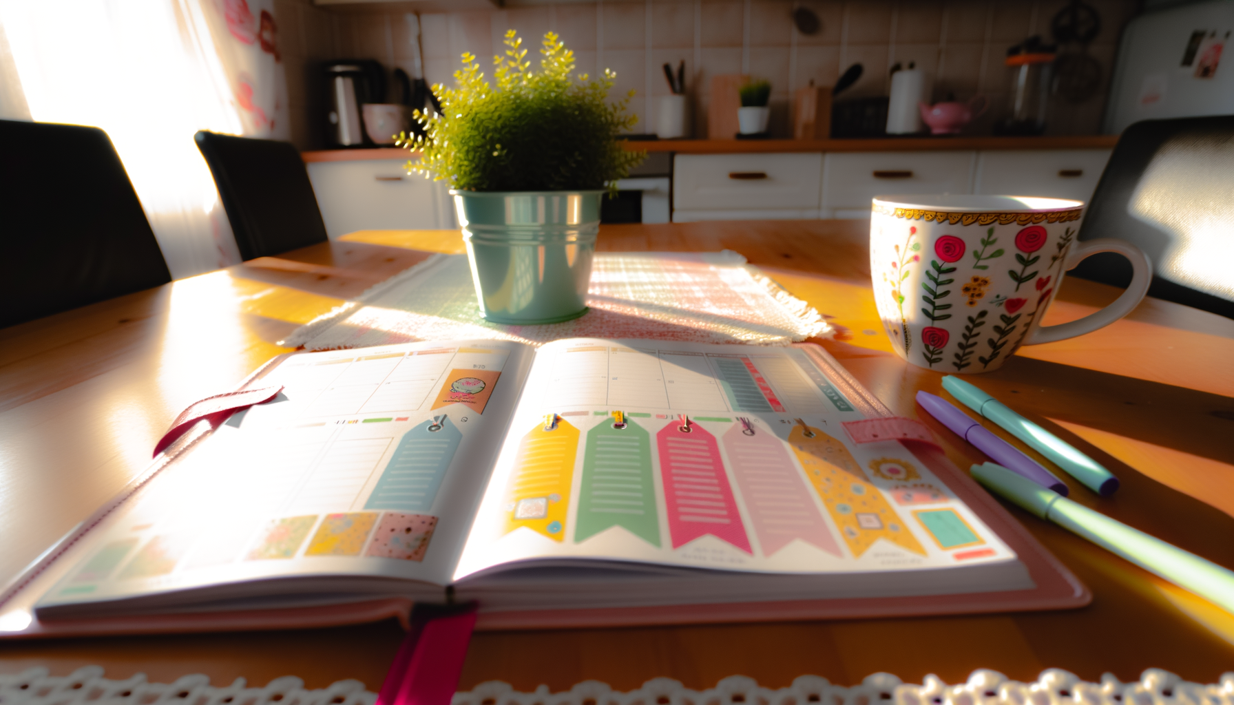 Organized and adorable planner setup with calendar bookmarks for busy moms.