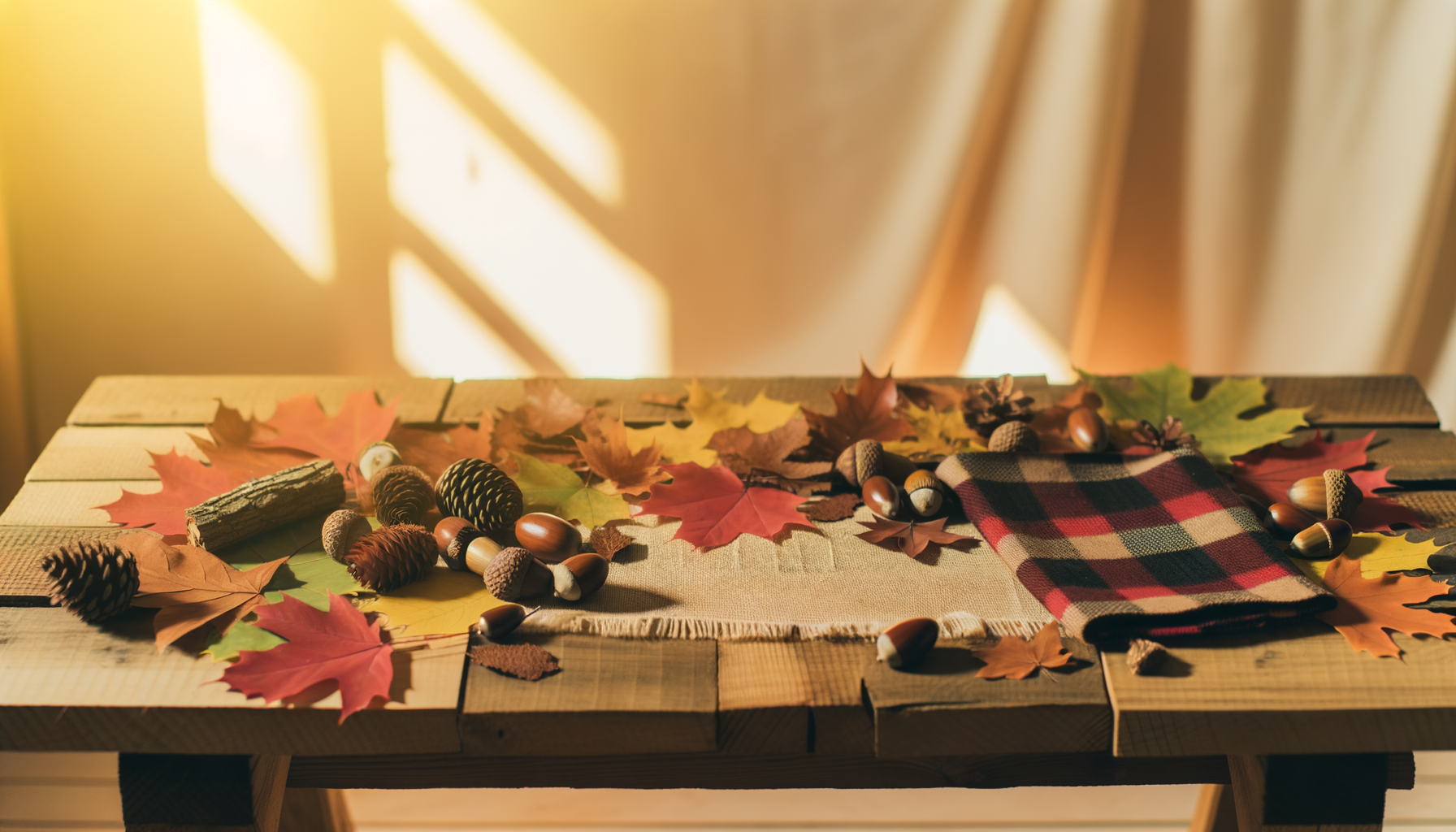 Cozy fall mood board with autumn leaves, plaid fabrics, and natural elements.