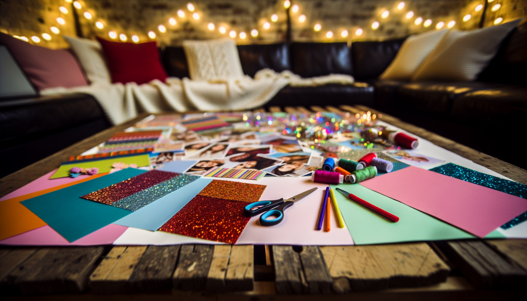 Cozy DIY vision board kit crafting scene with magazines, scissors, and glitter for inspiration.