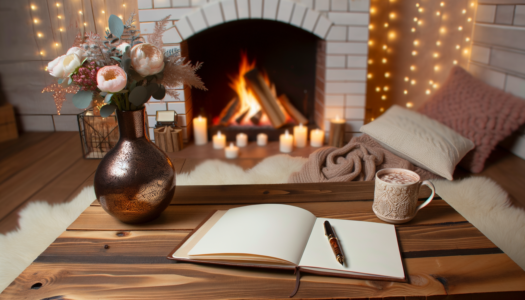 Cozy living room scene with fireplace, hot cocoa, and reflection prompts. New year reflection