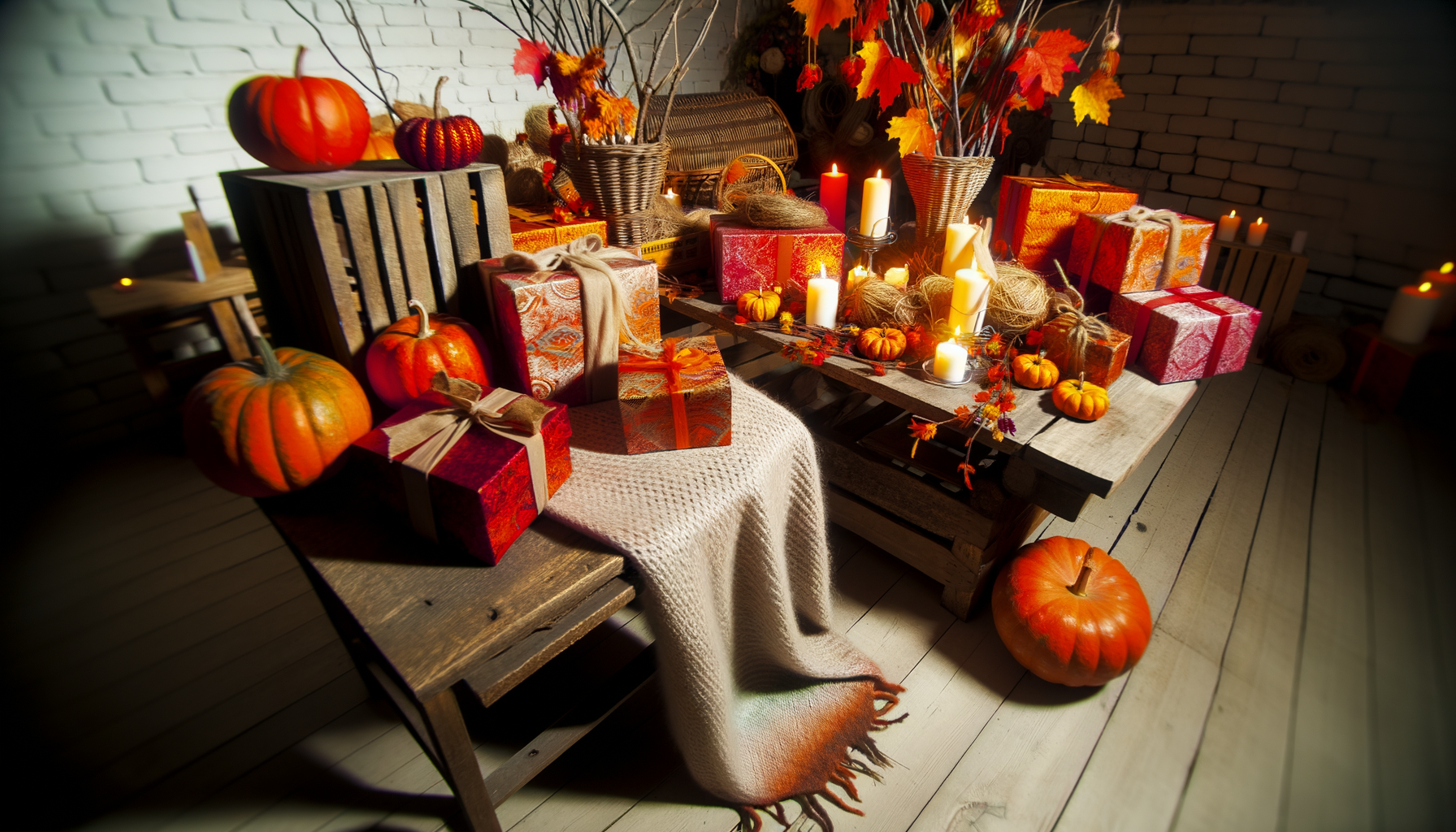 Cozy autumn-themed gift station with presents, pumpkins, candles, relevant to heartwarming gift ideas.