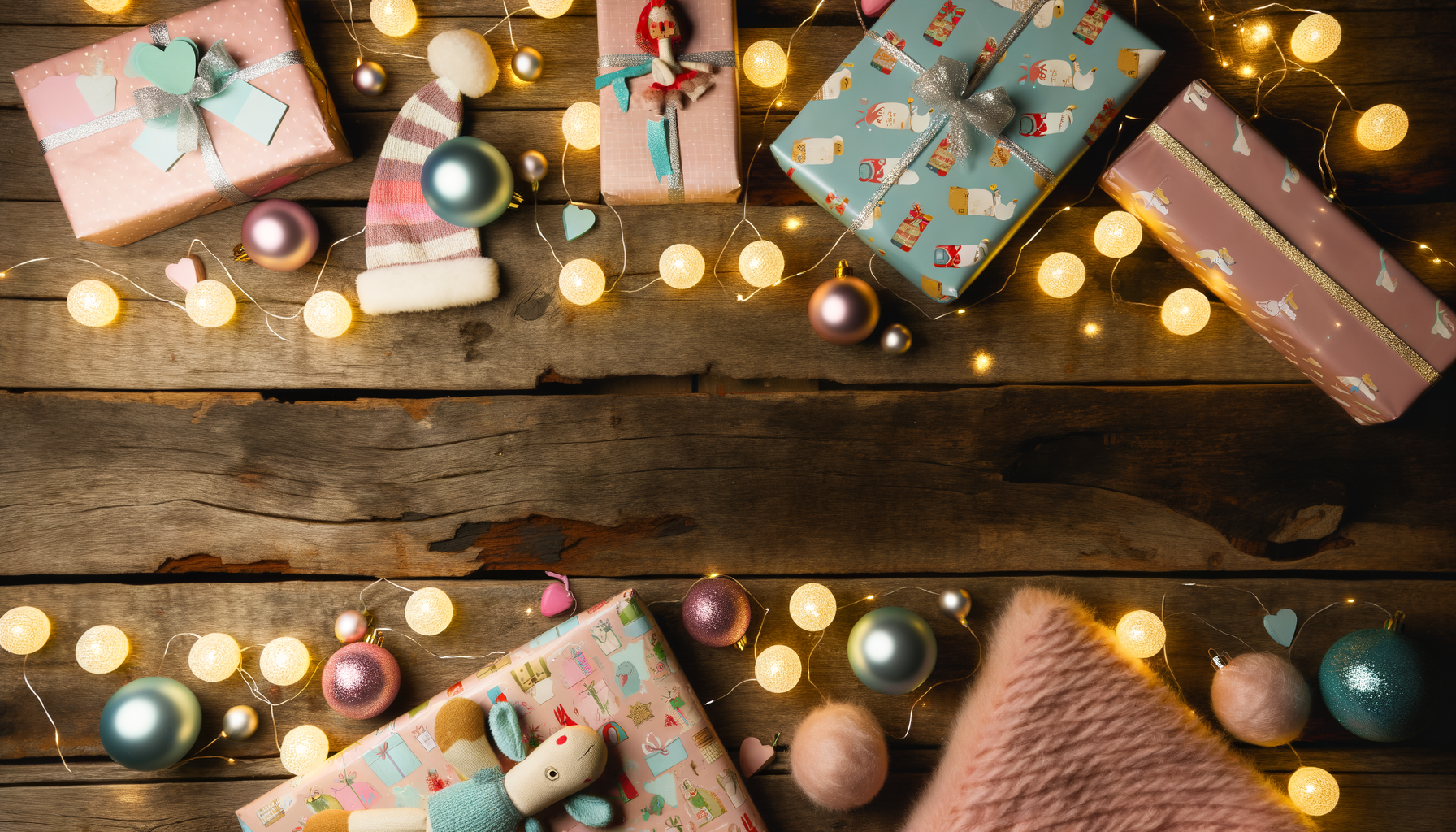 Trendy holiday gifts, cozy decorations, and fairy lights set welcoming festive scene.
