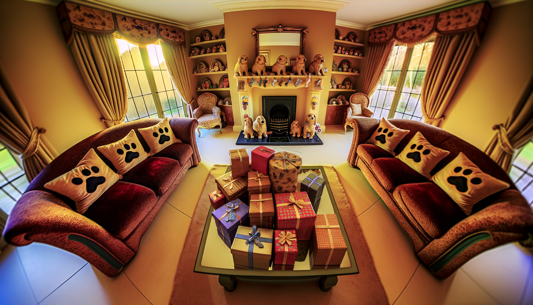 Cozy living room filled with dog-themed decorations, perfect for dog mom gift ideas.