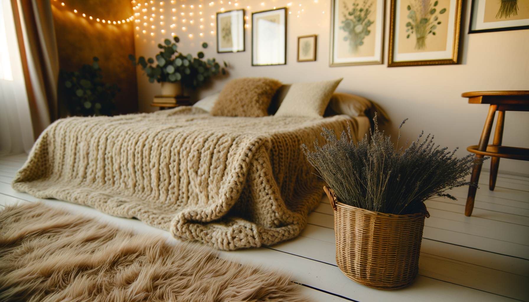 Cozy cottagecore bedroom with knit blanket, fairy lights, botanical prints, and dried lavender.