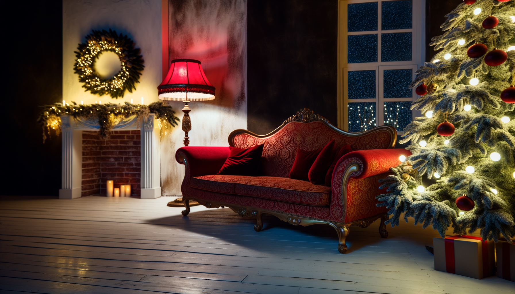 Elegant Christmas living room with red velvet sofa, gold accents, and festive decorations.