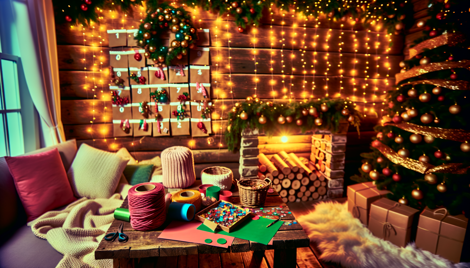 Cozy living room with DIY advent calendar and crafting materials for holiday traditions.