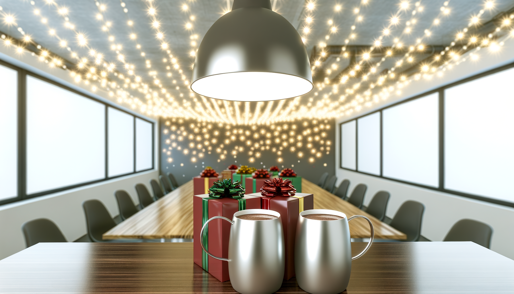 Festive office break room with holiday gifts and hot cocoa for office gift ideas.