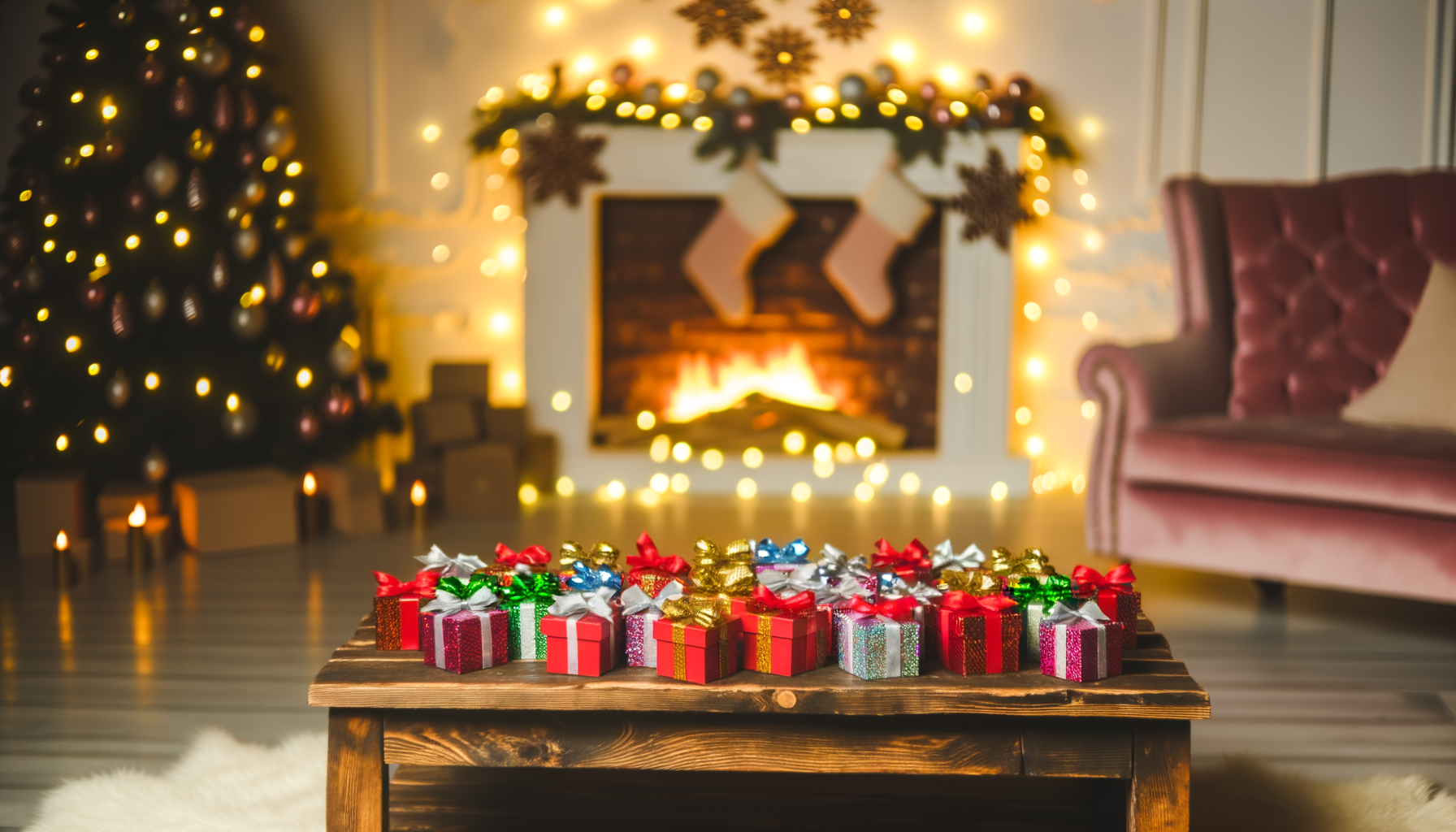 Cozy holiday living room with festive gift boxes fits Secret Santa theme perfectly.