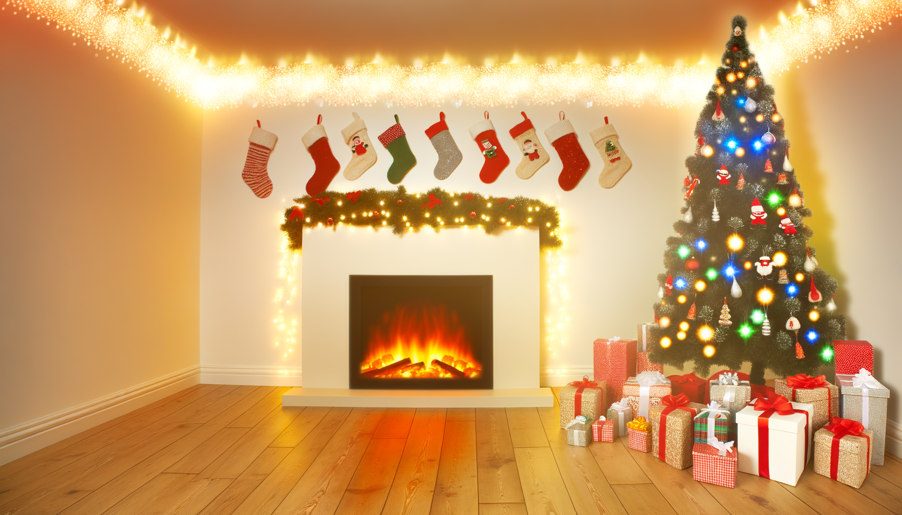 Cozy Christmas living room with stocking stuffers, spreading holiday cheer inexpensively.