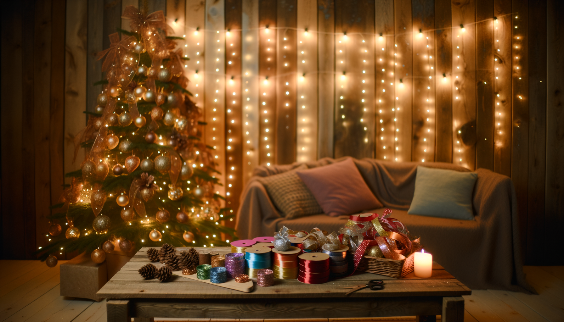 Cozy Christmas crafting corner with colorful supplies for DIY ornaments.