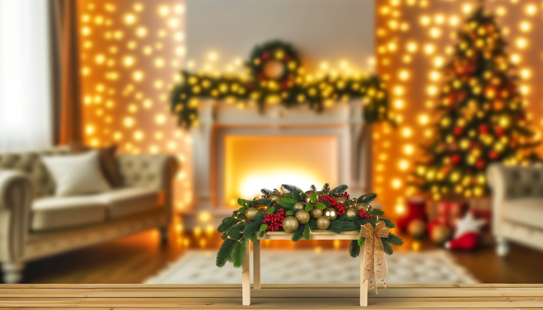 Cozy DIY Christmas wreath materials on a table next to fireplace.