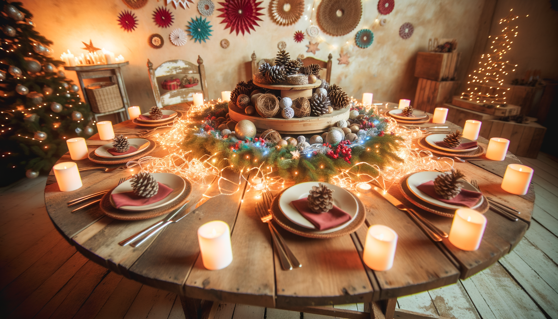 Festive Christmas dining table with handmade décor and cozy candles; perfect for holiday inspiration.